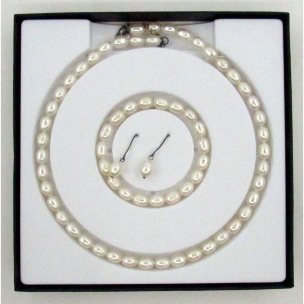 Vintage 21" Real Pearl Beaded Necklace 925 Bracelet Earrings Set 5/16" Wide READ